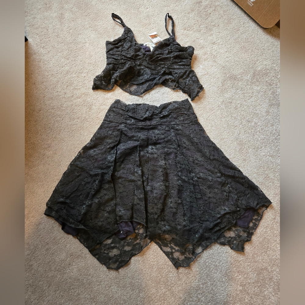 Gray Lace Bralette with Adjustable Straps And Aysemmetrical Lace Fairy Skirt